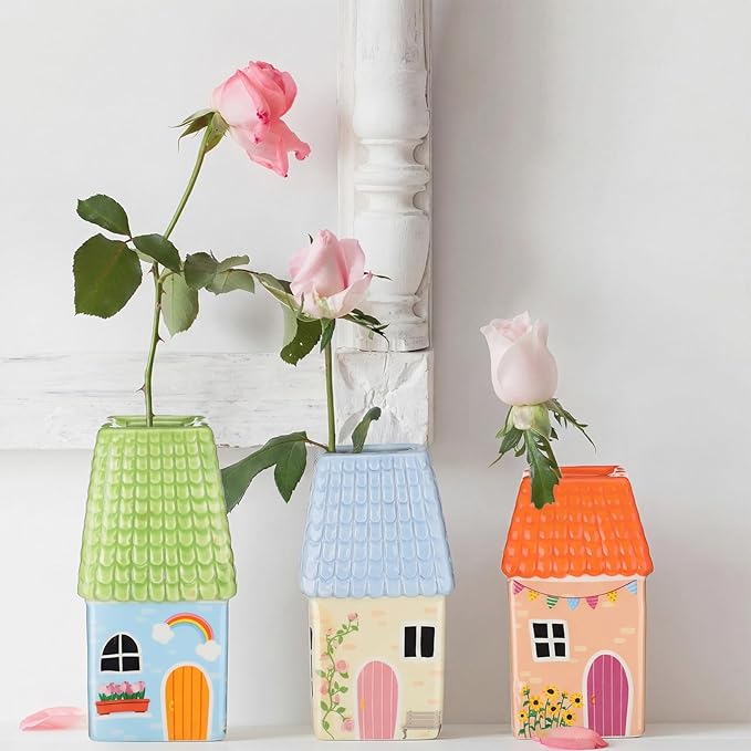 Remerry Ceramic House Shape Vase 2.4 x 3.8 Inch Mini Handmade Vase Decorative Small Flower Container for Living Room Bedroom Farmhouse Home Table Decor Cute Birthday Gift(Green)