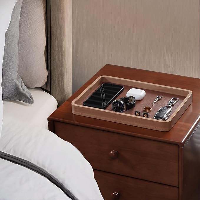 ProCase Wooden Valet Tray for Men, Wood Catch-All EDC Organizer, Nightstand, Entryway Bedside Dump Holder, for Wallets, Keys, Watches, Phones, Loose Change, Trinkets -LightBrown