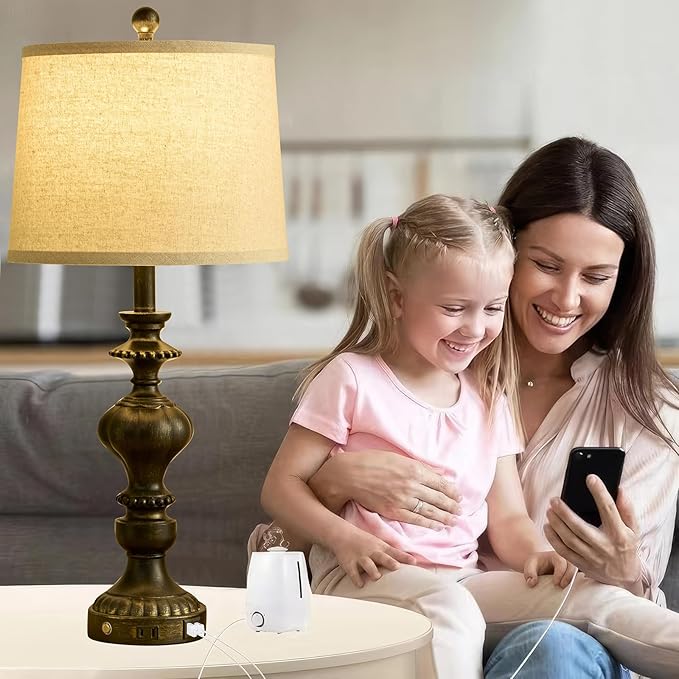 SAIWEYA 27.5" Farmhouse Table Lamps Set of 2 Bedside Lamp with USB C+A Ports & AC Outlet, 3 Way Dimmable Touch Lamps for Living Room Bedroom Office Hallway Rustic Nightstand Traditional Lamp