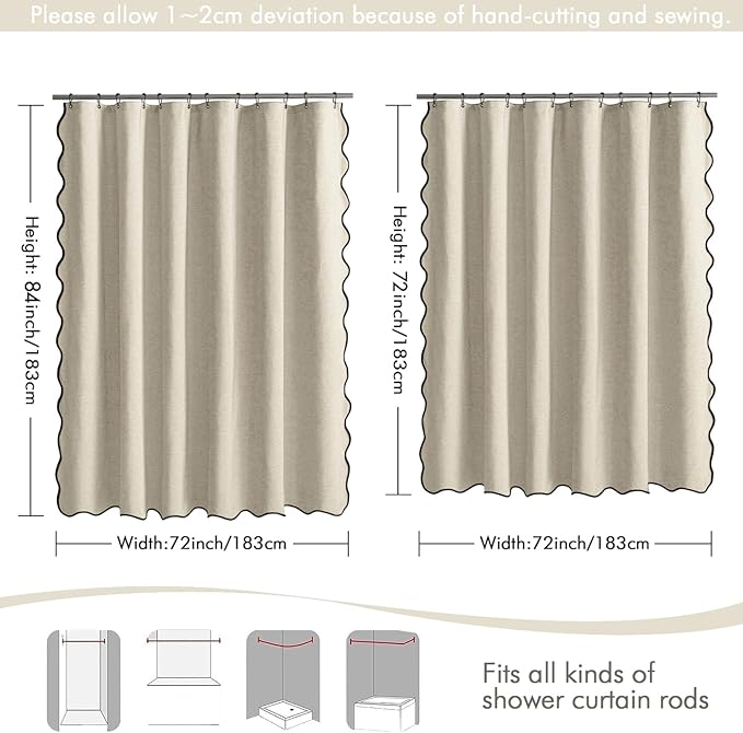 MIULEE 84" Long Scalloped Shower Curtain Linen Textured with 12 Metal Hooks Cute Extra Long Heavy Duty Washable Waterproof Cloth Shower Curtains with Black Border for Bathroom Hotel Bathtub,Natural