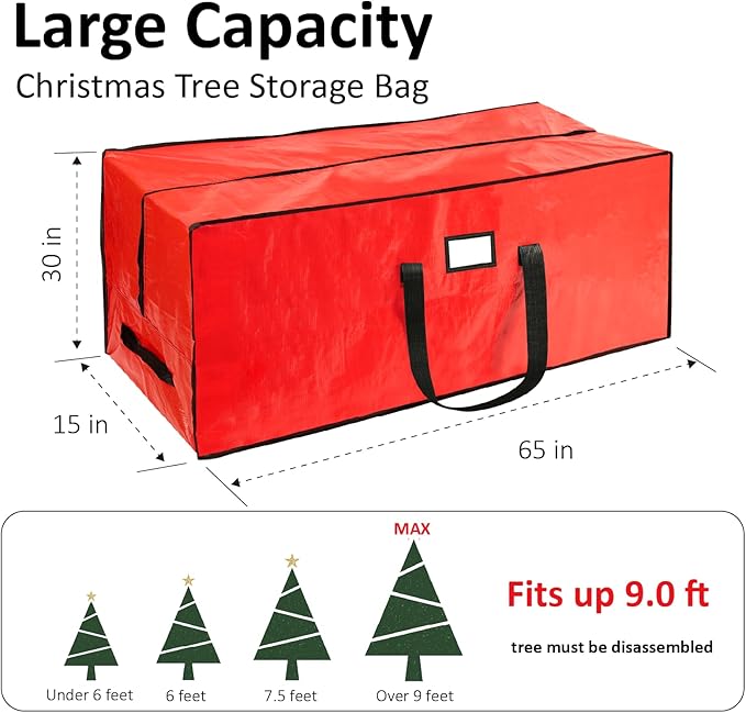 9 ft Christmas Tree Storage Bag, Fits Extra Large Artificial Holiday Xmas Tree, Waterproof Material with Durable Reinforced Handles & Dual Zippers, Protects From Dust and Moisture, Red