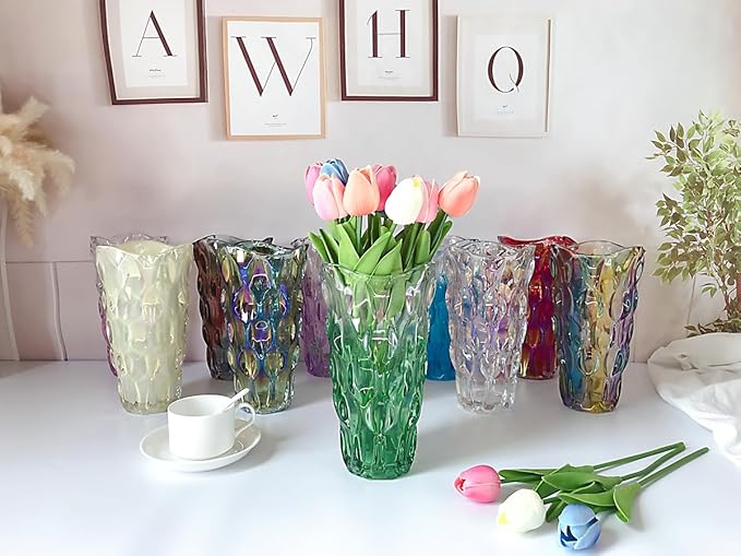 Unbreakable Flower Glass Vase 3.5lb 9.5inch Sparkle vase Bohemian Style, for Centerpieces,Kitchen,Office, Living Room,Wedding,Perfect Home Decor Glass Vase (Gradient Green)