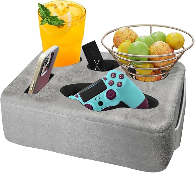 Couch Bed Cup Holder Pillow, Nisdoing 5 Hole Couch Drink Holder! Keep Drinks Hand Side and KeepTemp, Prevent Spills and Use Anywhere. Cup Holder for Couch, Bed,Camping,RV,Car,Beach. Gray