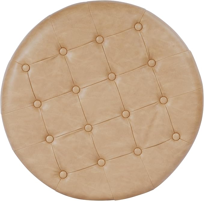 Homepop Home Decor | Button Tufted Faux Leather Round Storage Ottoman | Ottoman with Storage for Living Room & Bedroom (Sand Faux Leather)