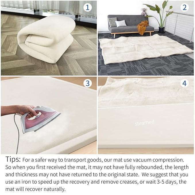 Huloo Sleep Ultra Soft Baby Play Mat for Floor,1.3" Thick Elasti-Foam 47x47 Play Mat for Playpen,Water-Repellent Coral Velvet for Tummy Time, Non-Slip Backing Safe for Toddlers & Infants(Cream)