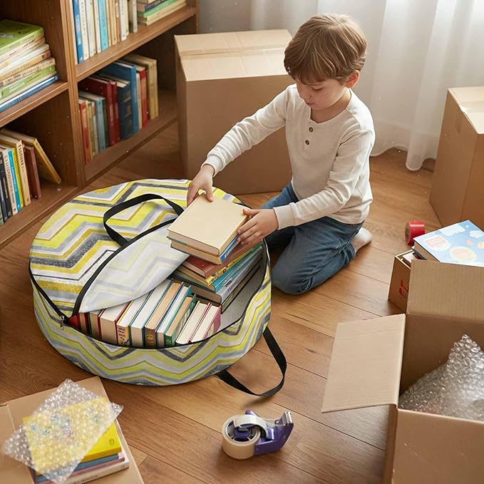 Storage Bag Yellow Grey Chevron Round Storage Totes Bins Closet Organizers with Zippers & Handle Geometric Design Stripe Clothes Storage Container for Bedroom Dorm Space Saving Packing Supplies Bags