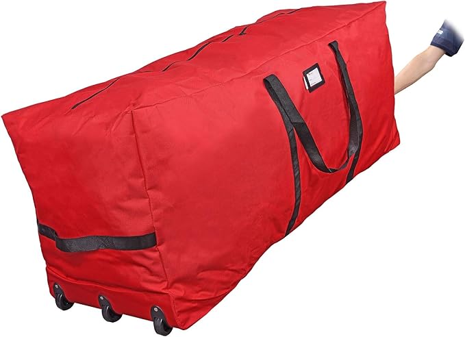 Primode Rolling Tree Storage Bag, Fits Up to 9 foot Disassembled Holiday Tree, 28" Height X 16" Wide X 60" Long Extra Large Heavy Duty Storage Container with Wheels (Red)