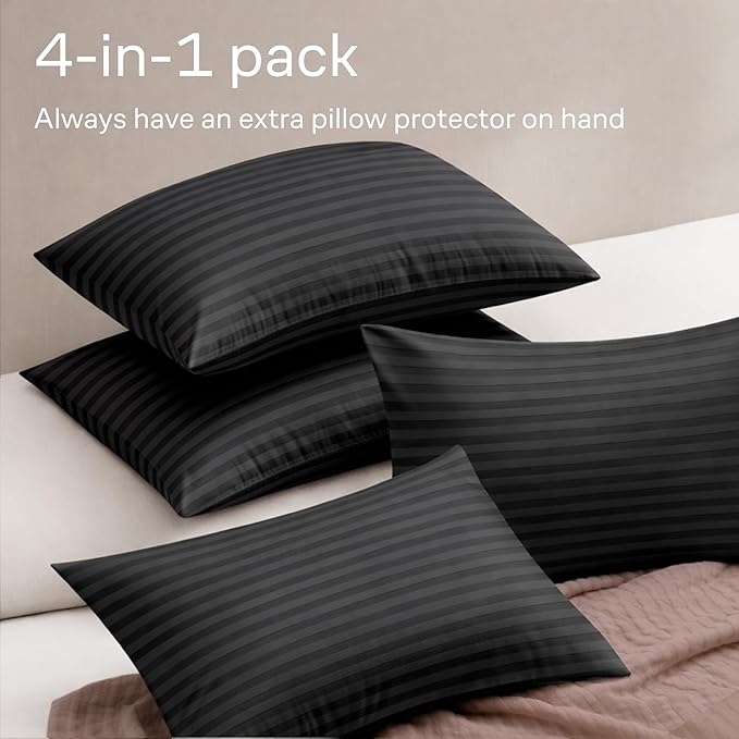 Ultra Soft Pillow Protectors with Zipper Queen Size - Set of 4 Breathable Pillow Covers - 100% Protection Against Stains, Dust & Dirt - Machine Washable (Striped Black)