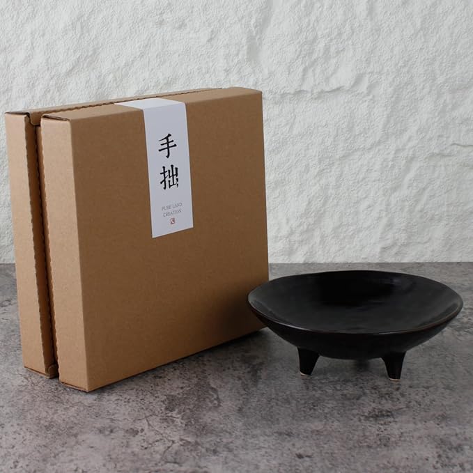 Wabi Sabi Footed Decorative Bowl, Multi-Purpose Small Ceramic Bowl, Vintage Rustic Boho Shelf Table Decor, Natural Black