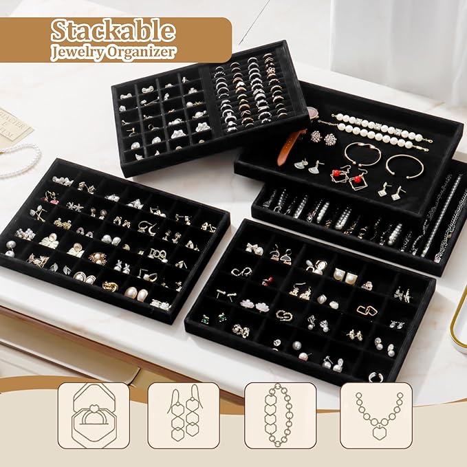 Large Velvet Jewelry Tray 2 Pack Stackable Jewelry Display Drawer Inserts Trays Organizer for Earring Bracelet Necklace Ring (Black, 16 Grids)