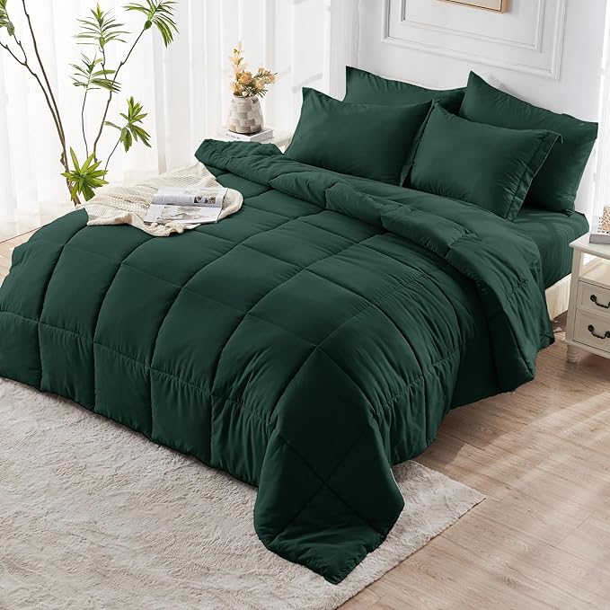 JOLLYVOGUE Queen Comforter Set, Ultra-Soft Bed in a Bag Queen Size 7 Pieces, Oeko-TEX Certified Bedding Set with Down Alternative Comforter, Sheets, Pillowcases & Shams, Emerald Green