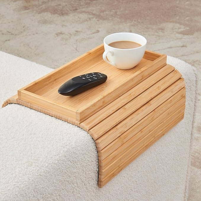 LOVYANXUE Bamboo Sofa Arm Tray, Anti Falling Couch Arm Tray Table, Foldable Couch Armrest Table, Portable Sofa Armrest Trays Cup Holder for Drink, Cups, Phone, Snacks, Remote
