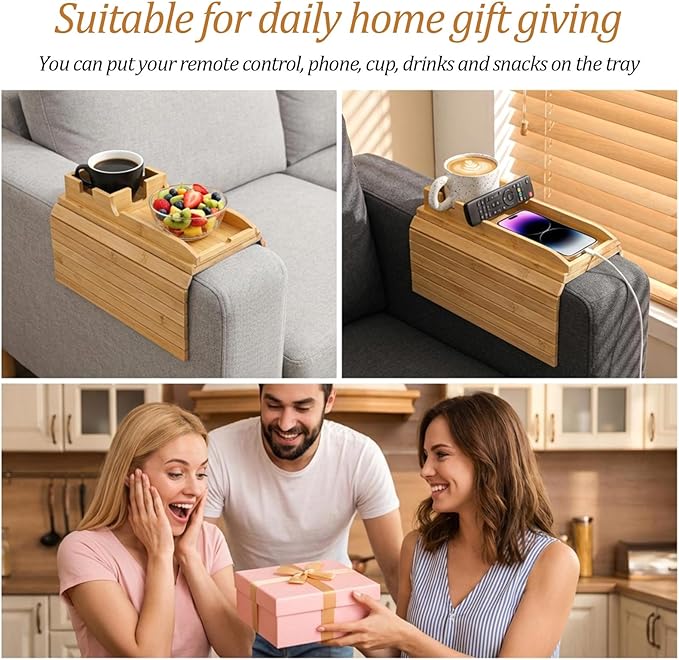 Couch Cup Holder Tray, Bamboo Couch Arm Cup Holder 2 in 1 Anti-Slip Sofa Armchair Caddy Table with Detachable Cups Holders Foldable Sofa Arm Organizer Tray for Drinks Cellphone Snacks Remote