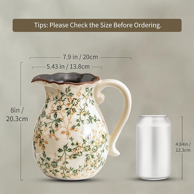 for Mom from Daughter or Son, Green Vintage Chinoiserie Ceramic Pitcher Vase with Handle 7.9”, Rustic Farmhouse Floral Decor for Living Room, Bookshelf, Office Decor