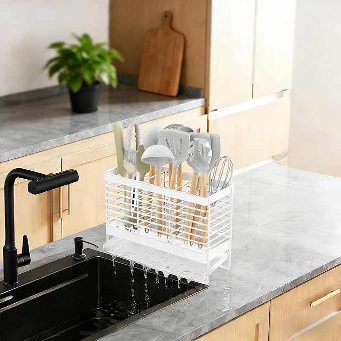 Utensil Holder, Upgrade Stainless Steel Utensil Drying Rack with Automatic Drain Tray for Kitchen Counter, Silverware Cutlery Organizer for Spoons, Forks, Knifes, Chopsticks (White)