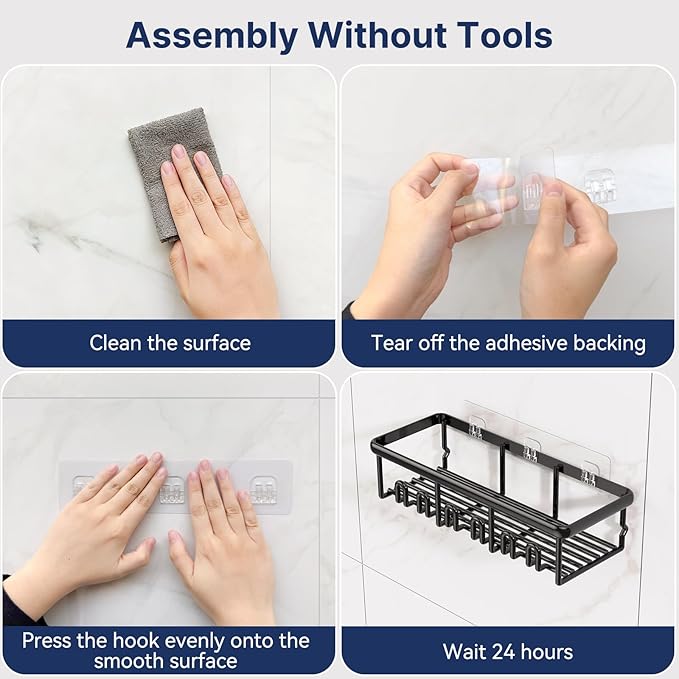 8 Pack Adhesive Rustproof Shower Shelves with Soap Dishes, Toothbrush Holder & Hooks, Large Capacity No-Drilling Shower Shelves Rack for Bathroom Organizers and Storage Accessories, Black