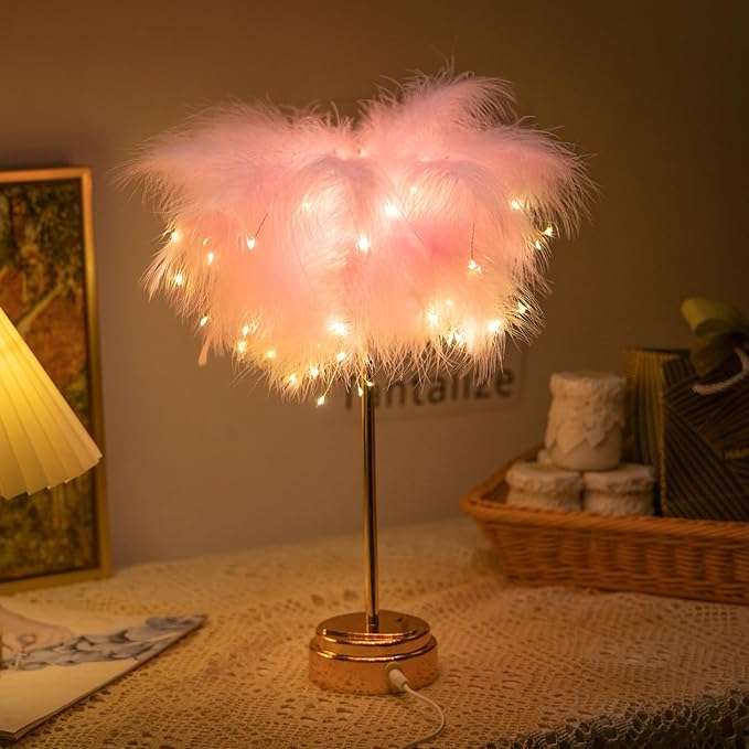 BDUSXYZ Pink Feather Lamp - LED Atmosphere Feather Night Lights Bedside Lamps for Mother, Girlfriend Home Girl Room Wedding Decoration