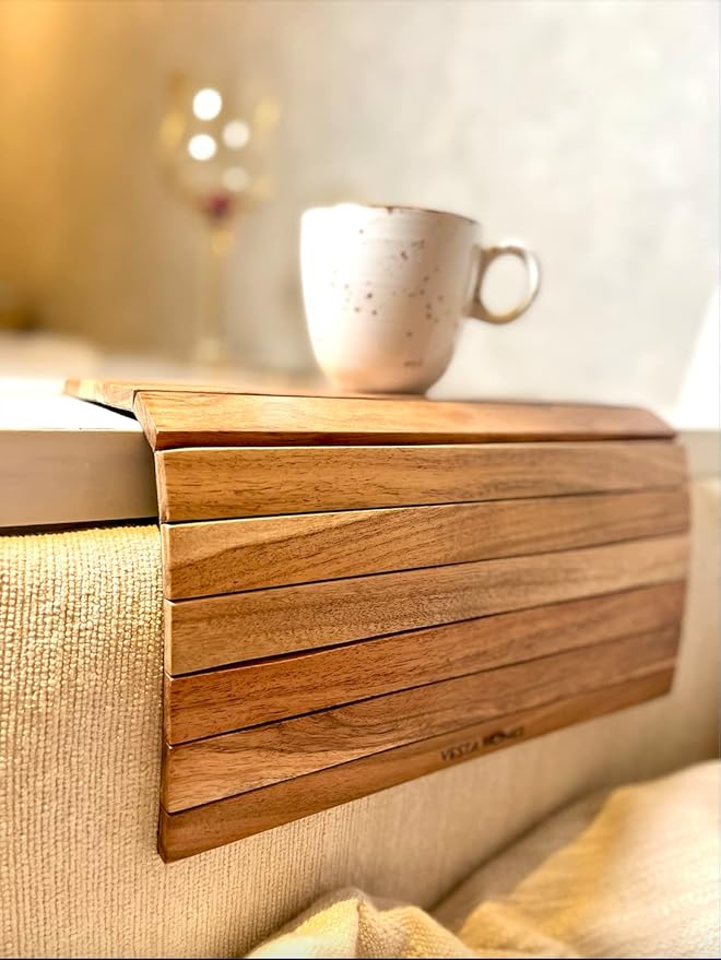 Vesta Homes Sofa Armrest Tray |Premium Acacia Wood | Flexible and Foldable Sofa Tray, Couch Arm Table and Armrest |Suitable for Food/Drinks/Snacks/Cup Coaster | 20 * 12 Inches | Handcrafted in India