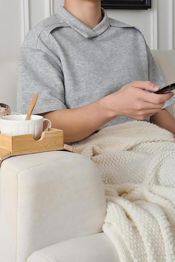Sofa Arm Tray, Bamboo Large Couch Cup Holder with Hidden Storage, Sofa Armrest Tray Portable Anti-spill Beverage Snack Remote Holder