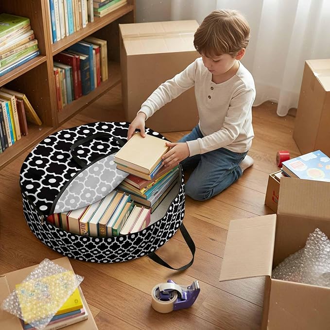 Storage Bag Retro Moroccan Design Round Storage Totes Bins Closet Organizers with Zippers & Handle Black Geometric Pattern Clothes Storage Container for Bedroom Dorm Space Saving Packing Supplies Bags