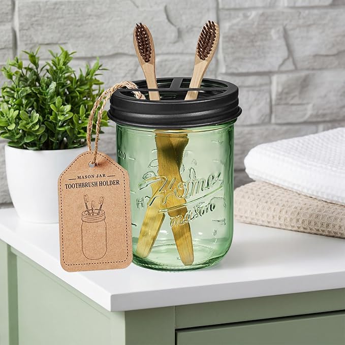 SheeChung Mason Jar Toothbrush Holder, Green Glass Toothbrush Holder for Bathroom Countertop Organizer, Stainless Steel Lid, Electric Toothbrush Toothpaste Holder Storage, Black Bathroom Accessories