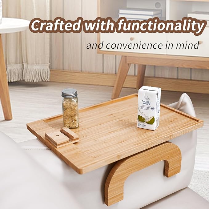 ArtBeek Couch Arm Tray for Large Size Sofa Arm, 12.8 inch Width Bamboo for Sofa Arm Over 11" on Side Table, Foldable Couch Armrest Table with 360° Phone Holder for Eating/Drinks/Snacks/Remote/Control