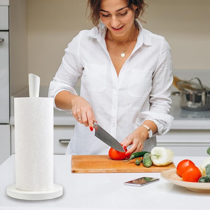 JOGREFUL Paper Towel Holder Stand, Stainless Steel Kitchen Paper Towel Countertop Stand with Streamline Body, Bathroom Organization for Family Standard Large Size Roll Paper, White