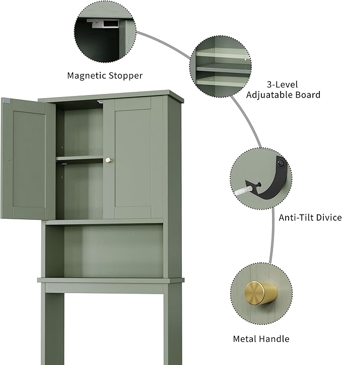 Shintenchi Over the Toilet Storage Cabinet, Bathroom Shelf Organizer with Anti-Tip Device Small Freestanding Space Saver with Adjustable Shelf,Green