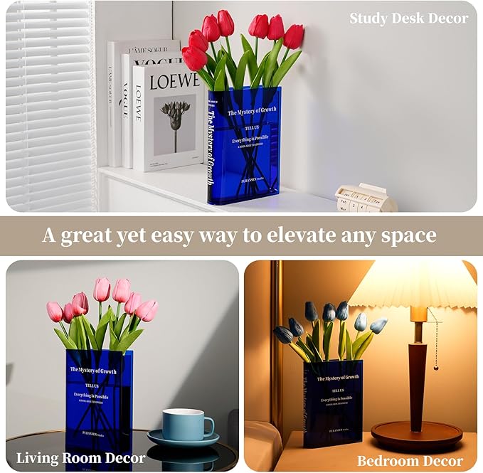 Puransen Blue Book-Shaped Vase for Flowers - Aesthetic Room Decor for Modern Home/Office, Minimalist Shelf Organizer with Floral Display, for Book Lovers & Interior Design Enthusiasts