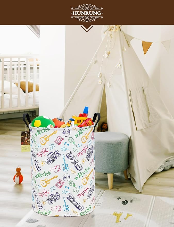 HUNRUNG Collapsible Fabric Storage Basket, Waterproof Laundry Hamper with Handles, Round Storage Bin for Clothes Toys, Foldable Organizer for Bedroom Nursery Bathroom(Round-Musical instrument)