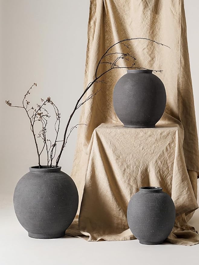 Large Blak Ceramic Vase - 9.8 Inch Rustic Farmhouse Flower Vase for Home Decor, Minimalist Tall Vases for Living Room, Table, Bathroom, Holiday & Weddings (Sandstone Black)