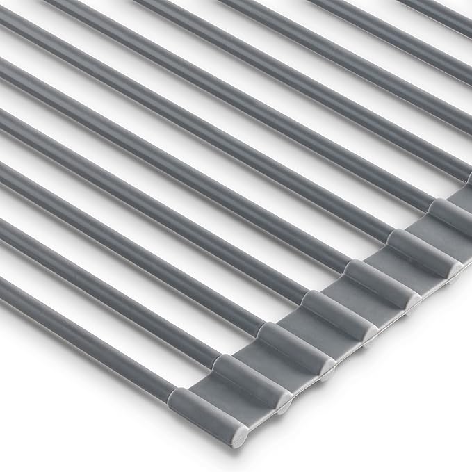 edge Roll Up Dish Drainer, Over The Sink Multi-Purpose Foldable Drying Rack, Silicone Coated Gray, Medium- 17" x 13.1"