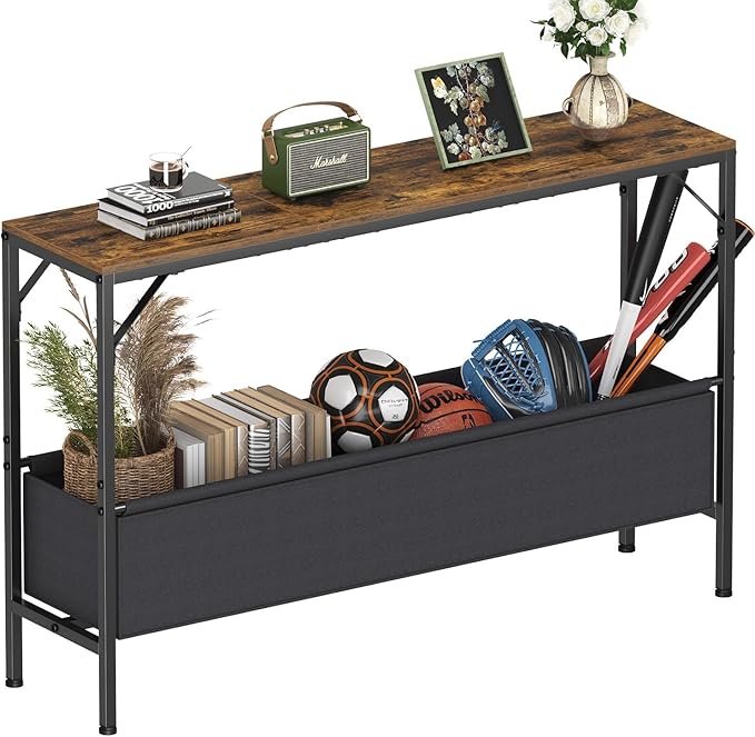 Asgolion Narrow Console Table, 47.2" Long Entryway Table with Storage Basket, Hallway Table, Mordern Industrial Sofa Tables for Living Room, Bedroom, Foyer, Office, Anti-tip Kit, Rustic Brown