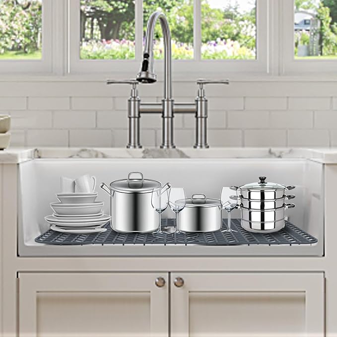 GUUKIN Sink Protectors for Kitchen Mat - 29"x 15.35" Silicone Kitchen Sink Mat Grid for Bottom of Farmhouse Stainless Steel Porcelain with 3 Reserved Holes(Grey)