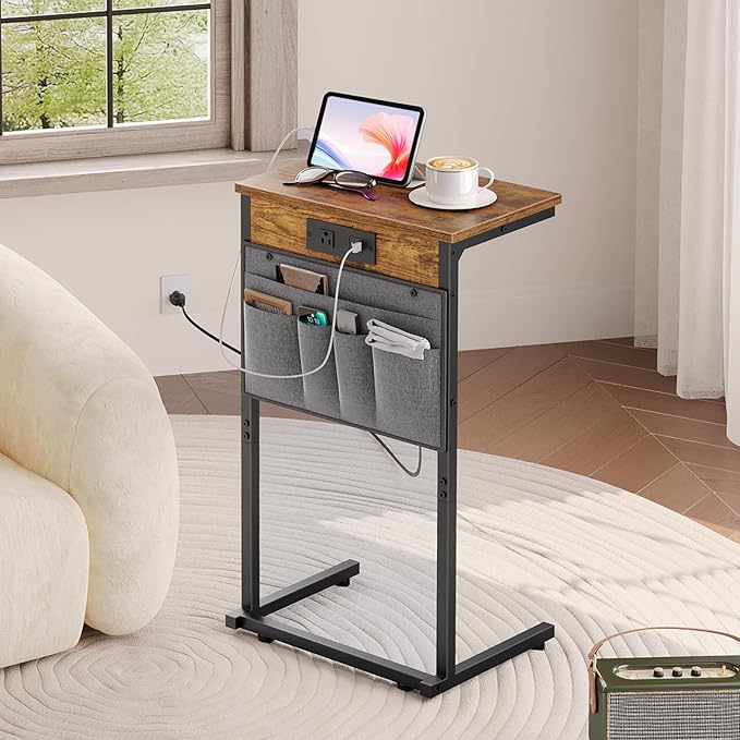 HOOBRO C Shaped End Table Set of 2 with Charging Station, 28" H Couch Side Tables for Small Spaces, Slide Under Sofa Tray Recliner Tables with Storage Bag for Living Room, Rustic Brown BF70USFP201