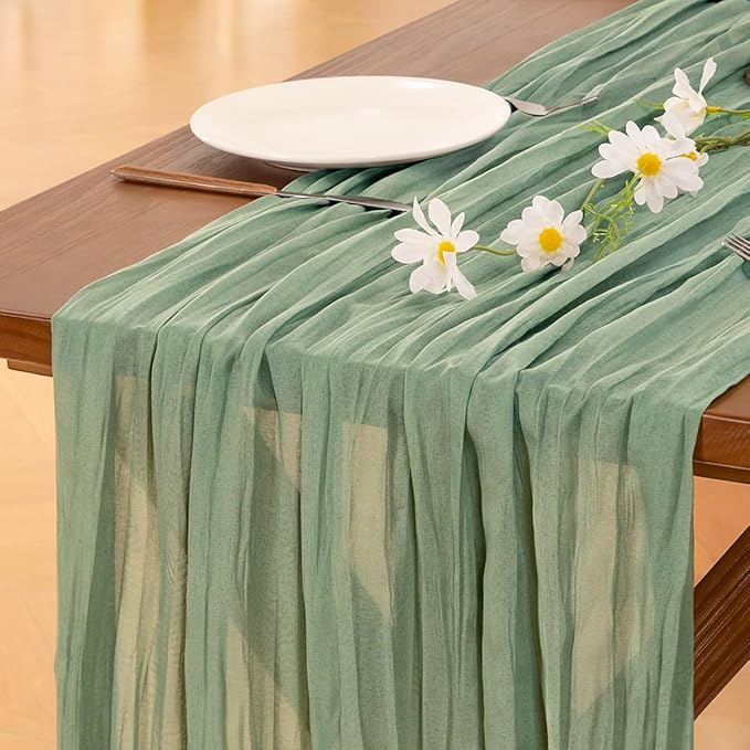 Socomi Sage Green Cheesecloth Table Runner Easter Spring Boho Rustic Farmhouse Gauze 120 inch 10FT Cheese Cloth Runner for Wedding Party Baby Shower Birthday Home Decor Holiday Decorations
