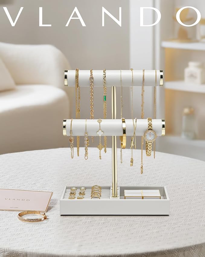 VLANDO 2 Tier Bracelet Holder with Tray - Mothers Day Mom Gifts Leather Jewelry Stand Organizer for Women - Necklace Holder Display for Necklace, Watches, Rings, Earrings, Bangle, Scrunchie - White