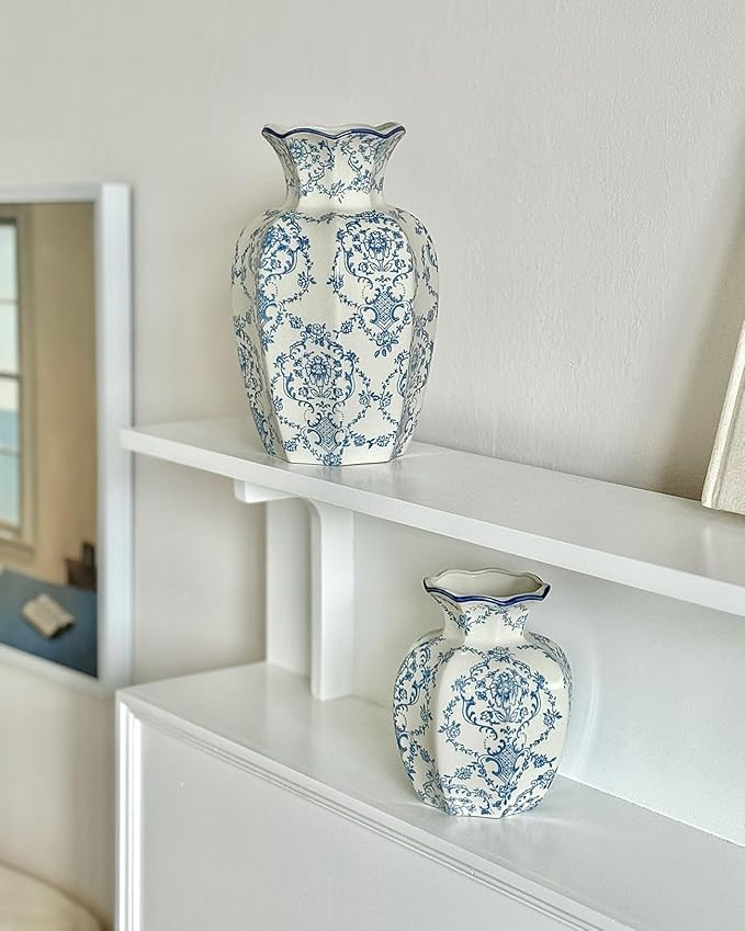 Vintage Blue Ceramic Vase, Small Blue and White Porcelain Decorative Flower Vase for Centerpiece Living Room Table Shelf, Chinoiserie French Country Decor