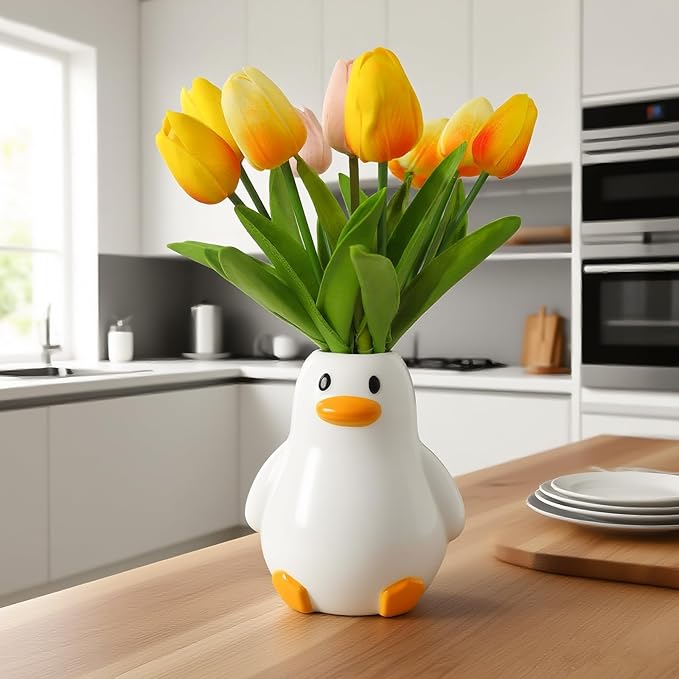 Mougigi Unique Duck Vase - Cute White Ceramic Handcrafted Piece with Round Modern Design, Funky Aesthetic Table Decor for Flowers/Accessories, Cool Animal Goose-Themed Art Vase Great for Decor Gifts