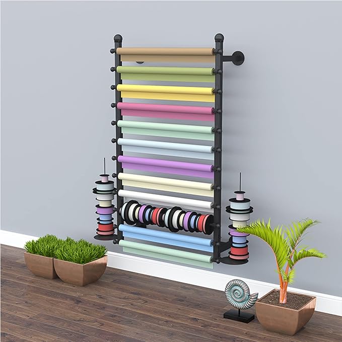 Ribbon Display Storage Organizer Wire Spool Rack Wrapping Paper Shelf Wall Mounted,Detachable Ribbons Tray&Removable Crossbars,Black,80X20X120Cm