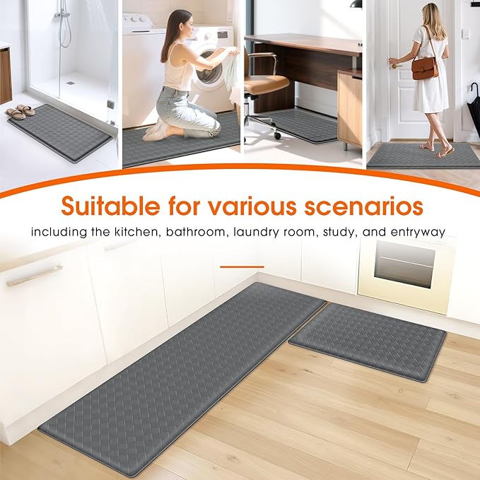 TranquilRelax Kitchen Mats, 2PCS Kitchen Rugs, Cushioned Anti Fatigue Kitchen Mats for Floor, Non-Slip Standing Desk Mat, Waterproof Kitchen Rug Set for Kitchen Floor Office,17.3"×30"+17.3"×59" Grey