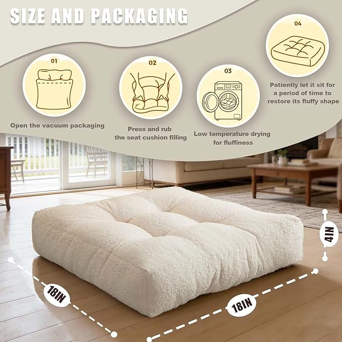 Large Sitting Pillow Set of 2, Floor Pillows Cushions for Adults, Thick Square Yoga Pillows with Tufted Cover for Bedroom Dorm Bay Window, Beige 18x18 in