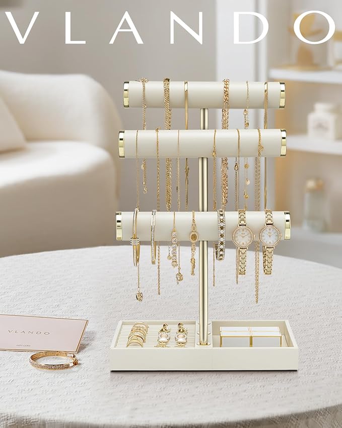 VLANDO 3 Tier Bracelet Holder Organizer with Tray - Mothers Day Gifts Leather Jewelry Stand Organizer for Mom - Jewelry Holder Display for Necklace, Watches, Rings, Earrings, Scrunchie - Cloud White