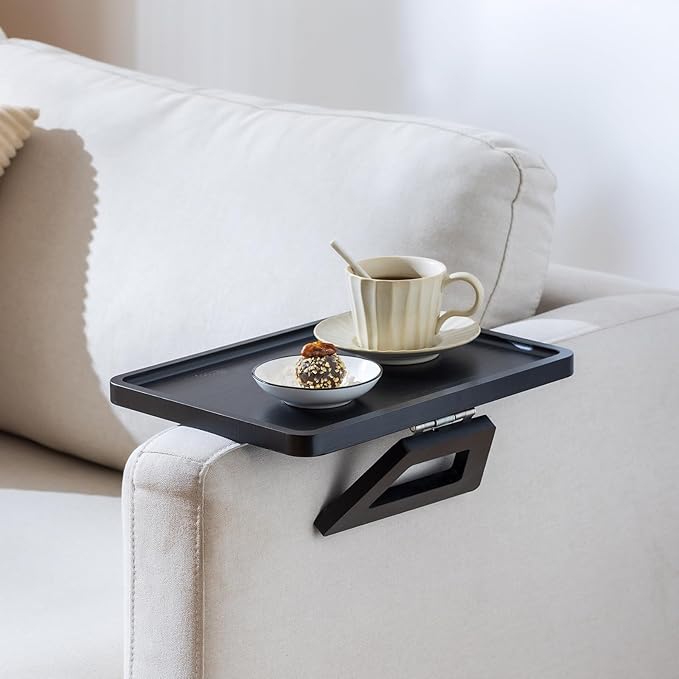 Bamboo Sofa Arm Tray Table, Foldable Clip-on Side Table, Wide Couch Cup Holder (Black)