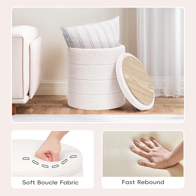 PINPLUS Round Storage Ottoman Foot Rest Stool with Tray Velvet Sherpa Folding Storage Ottoman,Boucle Foot Rest for Living Room, Bedroom, Dorm(White)