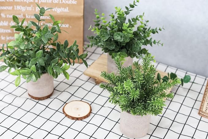 Der Rose 3 Pack Mini Potted Fake Plants Artificial Plastic Eucalyptus Plants Topiaries for Home Office Desk Farmhouse Shelf Room Bathroom Decor(Green)