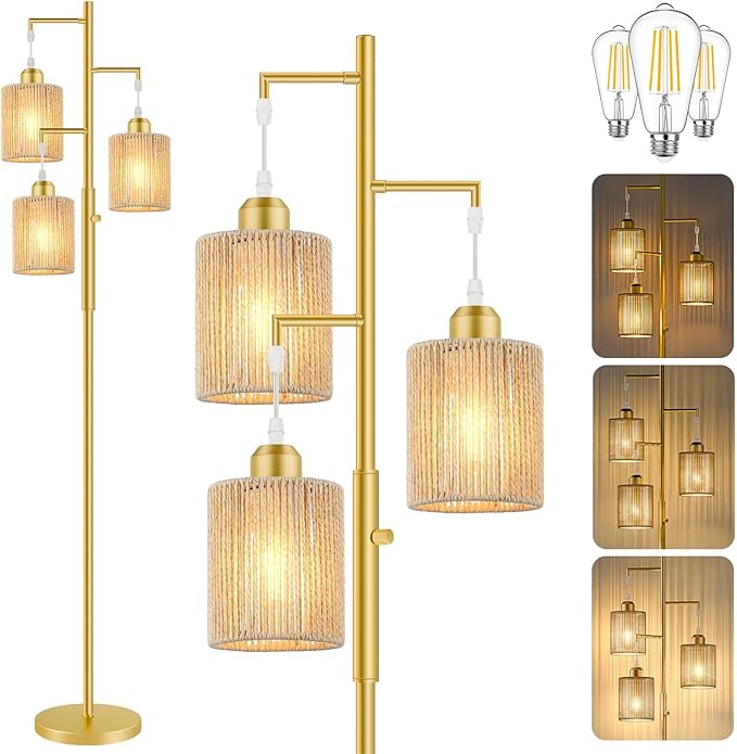 Hotsonic 72" Tall Boho Rattan Style Floor Lamp with Hand-Woven Paper Cord Shade, Dimmable Industrial Tree Standing Lamp for Living Room, Bedroom, Study Room, Office (3 x 800LM Bulbs Included) - Gold