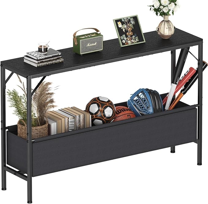 Asgolion Narrow Console Table, 47.2" Long Entryway Table with Storage Basket, Hallway Table, Mordern Industrial Sofa Tables for Living Room, Bedroom, Foyer, Office, Anti-tip Kit, Black