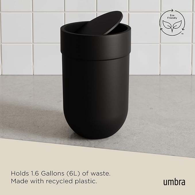 Umbra Touch Trash Can, Small 1.6-Gallon Garbage Bin with Swing Lid, Waste Basket for Bathroom or Office, Black