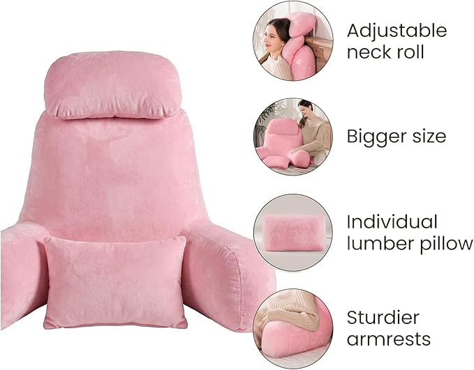 NOONTIDE Reading Pillow for Sitting up in Bed and Couch,32" X-Large Back Pillow for Adult & Teens with Soft Adjustable Neck Roll Backrest Pillow,Washable Cover,Watching TV/Gaming/Relaxing(Pink)